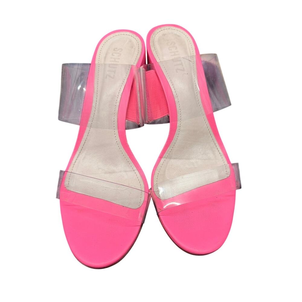 Schutz Victorie Pink Clear Strap Block Heel Sandals 9.5 Neon Pink Heels